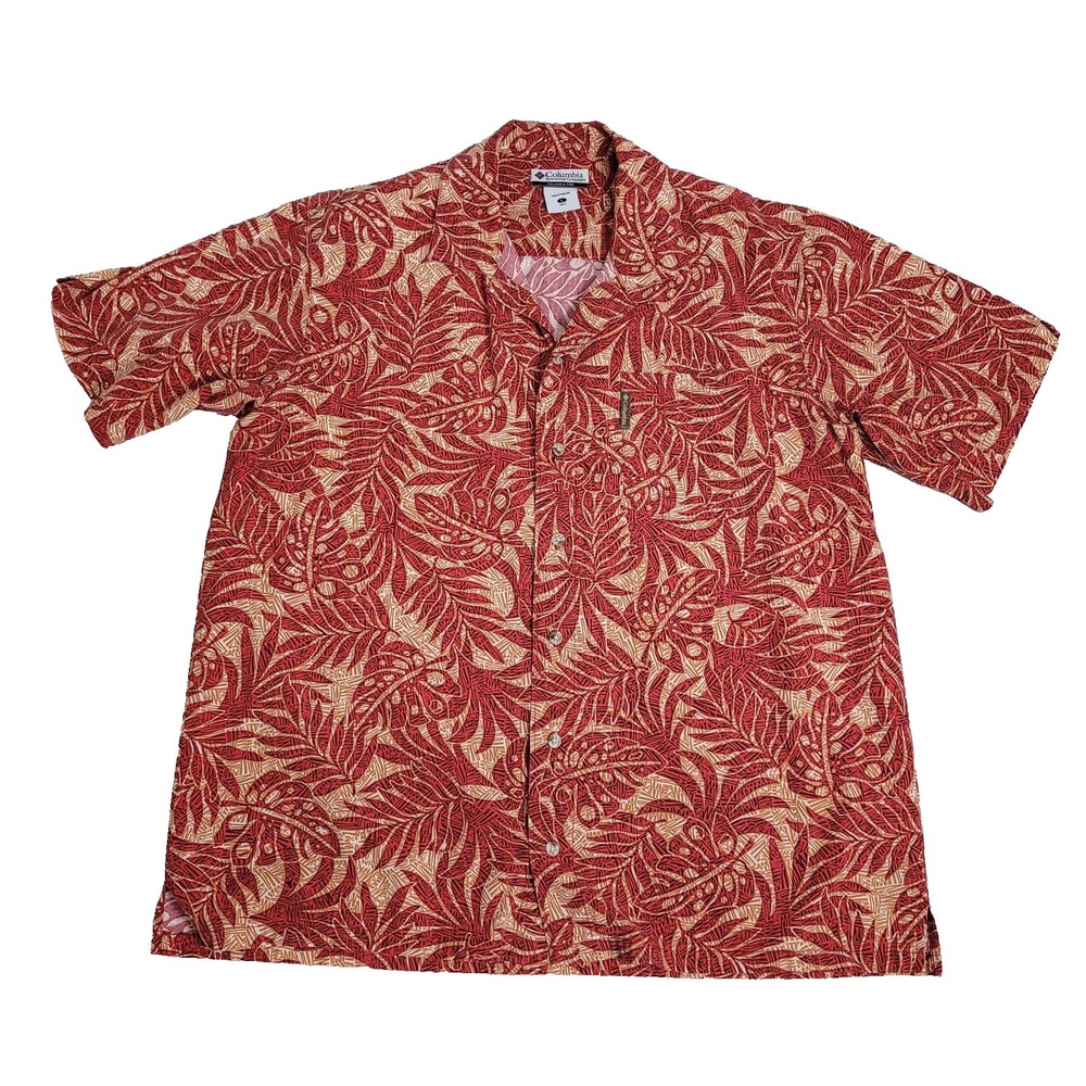 Columbia‎ Hawaiian Shirt Men's Large Red Tropical Leaves Short Sleeve Beach